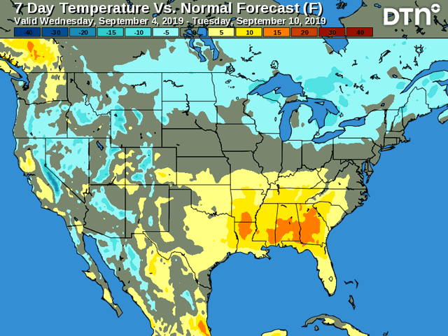 The outlook for the Midwest calls for variable temperatures through the weekend and near to above normal temperatures next week. (DTN graphic)